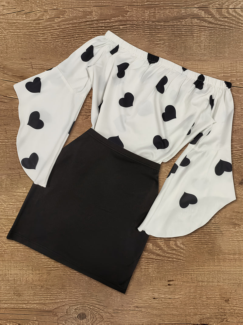 Women’s Featuring a Heart Print Off-Shoulder Top with Flared Sleeves And a Fitted Short.