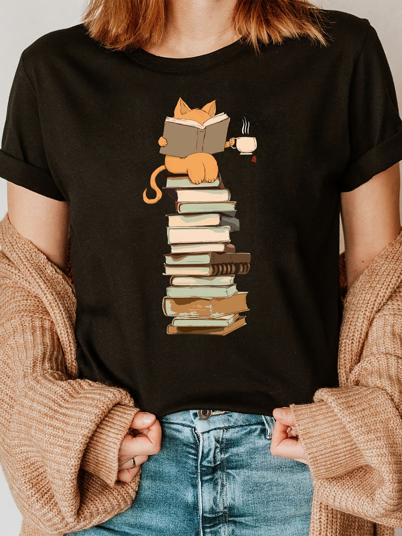 Women's Kawaii Cat & Books T-Shirt.