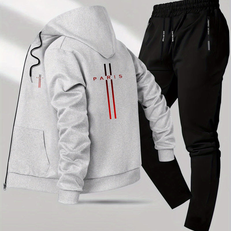 Men's 2pcs Slim-Fit Winter Jacket & Pants Suit with Paris Lettering.