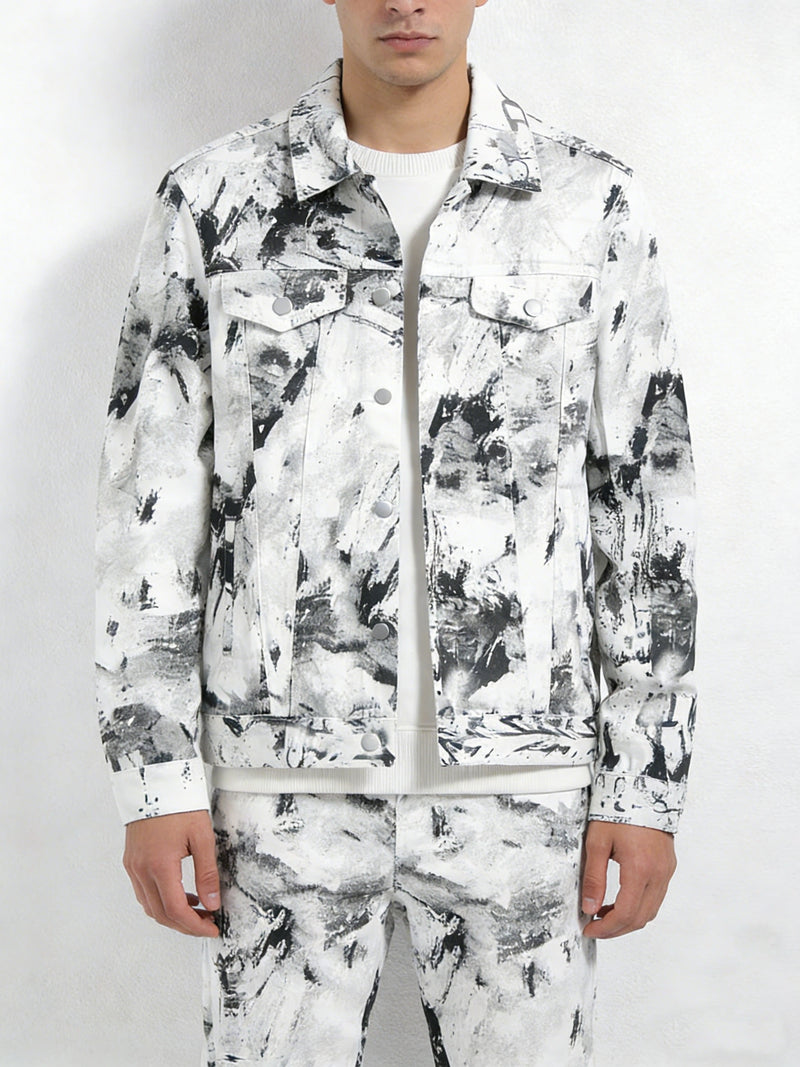 Men's Splatter Print Denim Set - Black and White Splatter Print.