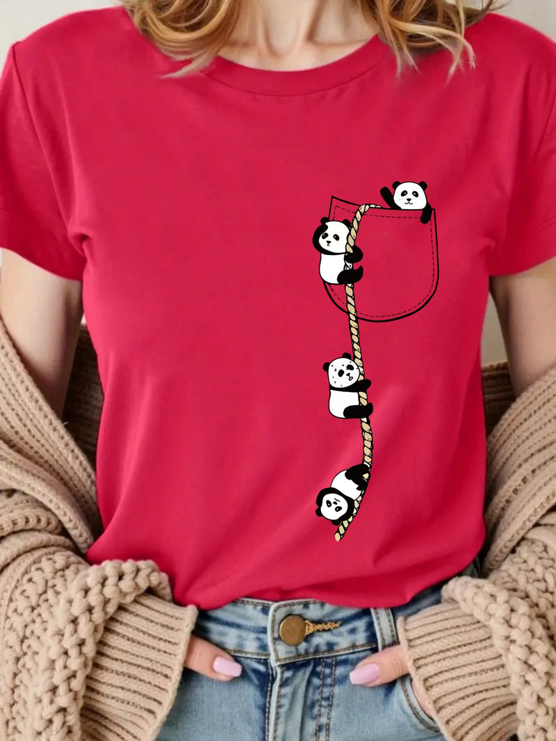 Women’s  Pocket Panda Climbing Rope Cute Pattern Print Fashion Crew Neck T-Shirt.