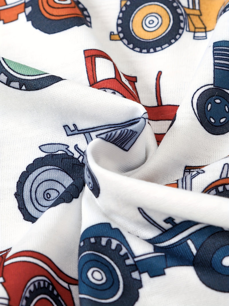 Boys' Cute Cartoon Tractor All-Over Print Romper and Comfortable Pants.