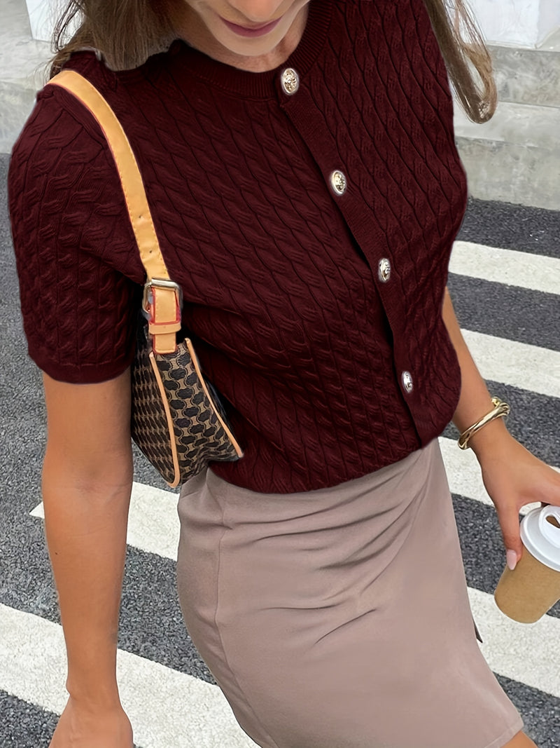 Women's Button-Front Solid Color Cable Blouse.