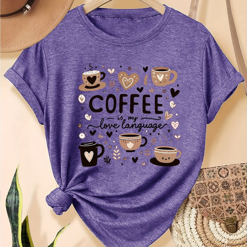 Elegant Women's Short-Sleeve T-Shirt with Coffee-Themed Prints.