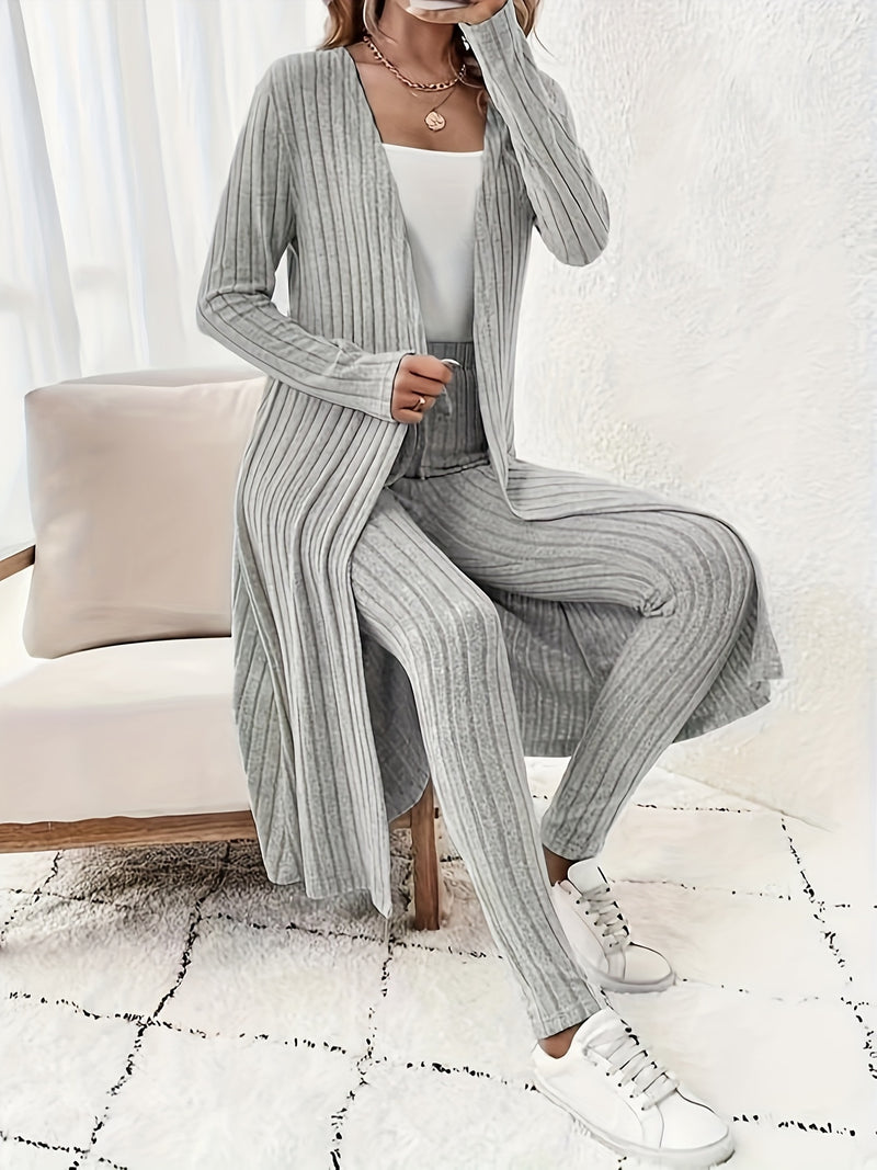 Women's Brushed Wide Stripe Solid Color Long Sleeve Long Cardigan And Pants.