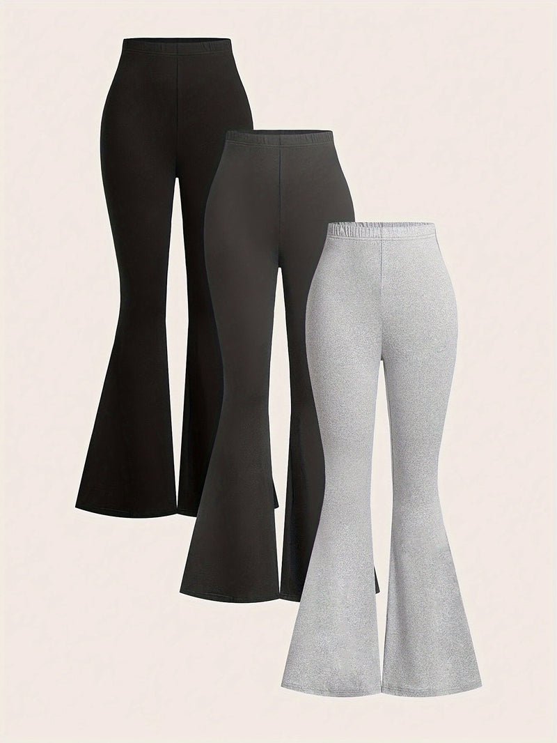 A Three-Piece Women's Solid Color High-Waisted Fitted Flared Pants Set.
