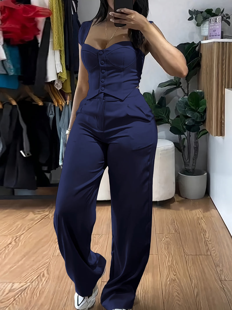Women’s Elegant Two-Piece Set with Thick Straps And Buttoned Front.