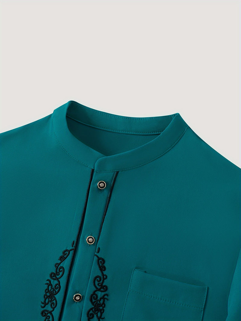 Men's Dashiki Set, Long Sleeve, Stand Collar, Button-Up, Pockets.