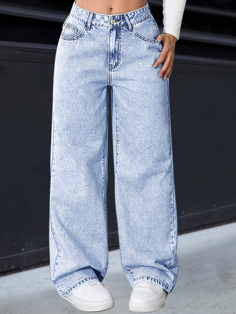 Women's Wide-Leg Washed Light Blue Oversized Wide-Leg Jeans Pants.