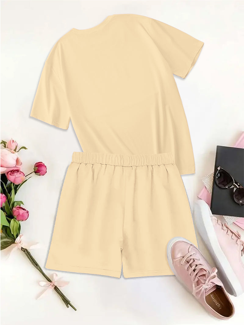 Women's Fashion Cartoon Puppy Print Short Sleeve T-Shirt and Shorts.