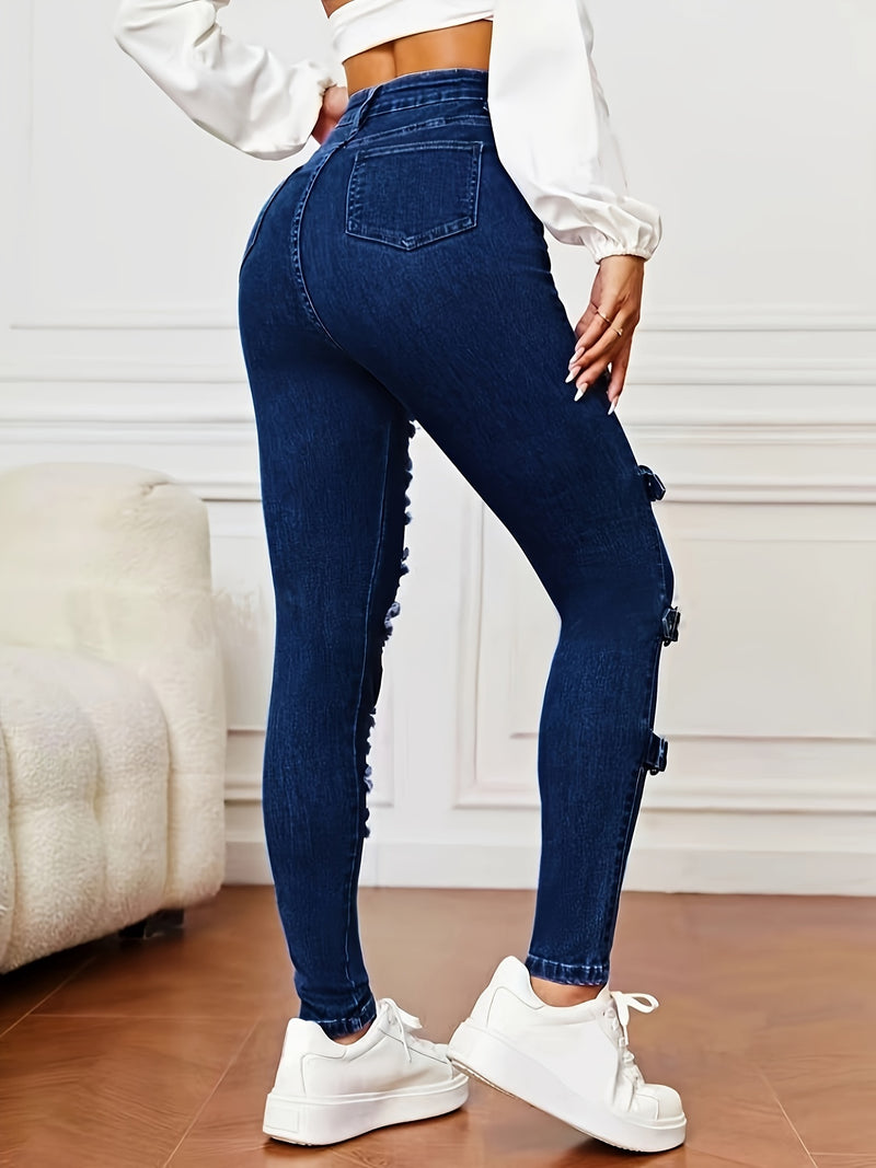 Women's Stretchy Fashionable Versatile Snap Button Ripped Skinny Ankle Jeans.