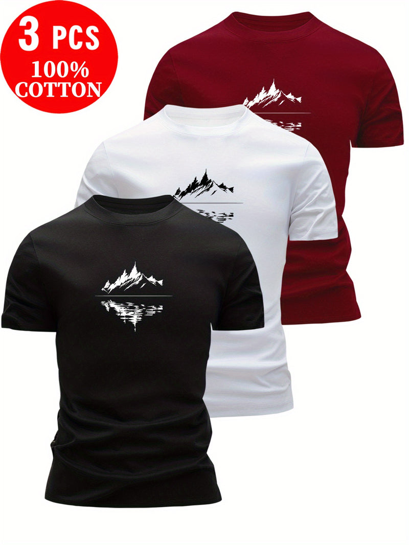 3pcs 100% Cotton T-Shirts with Landscape Pattern.