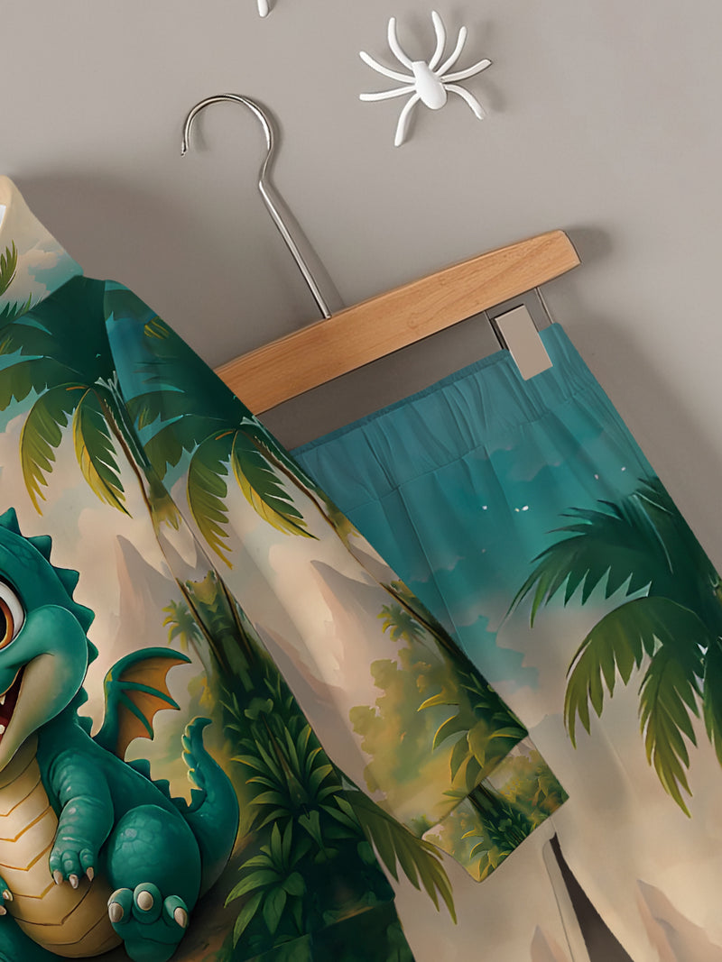 2pcs Boys Dinosaur & Palm Tree Print Hooded Sweatsuit.