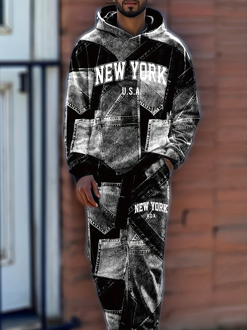 Men's Autumn Lettered Faux Denim Effect Hoodie And Sweatpants Two-Piece.