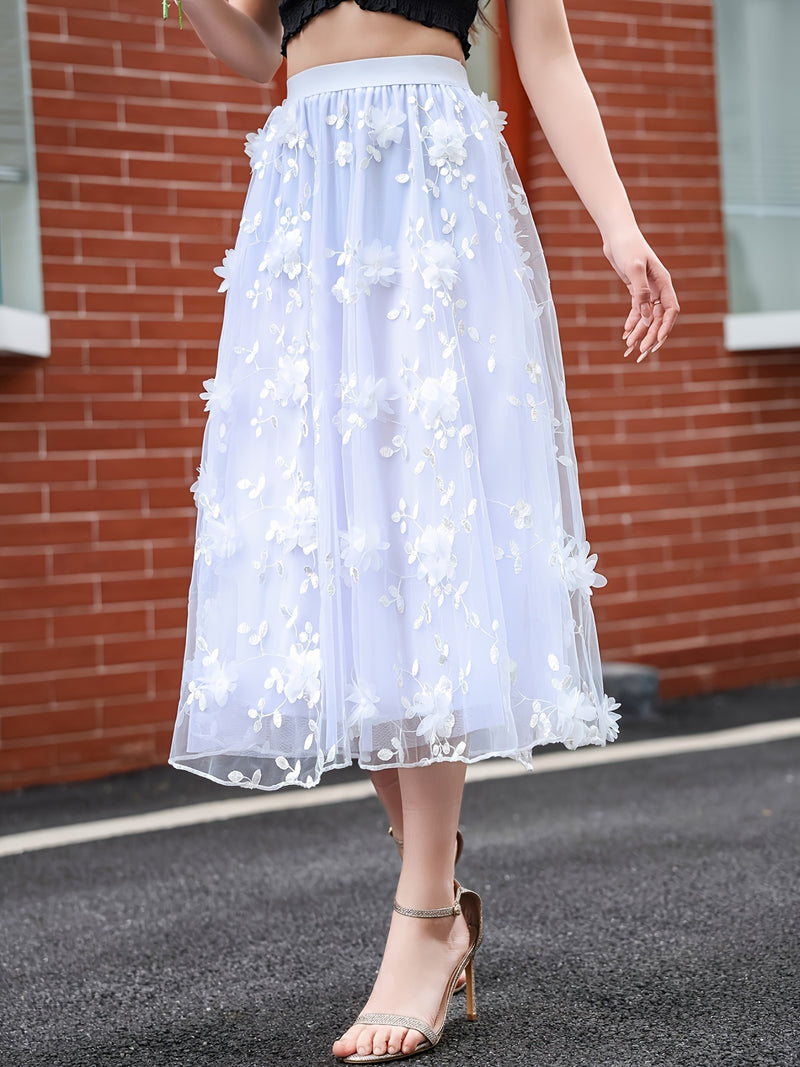 Women’s Double-layer Mesh Flared A-line Embroidered Floral Skirt.