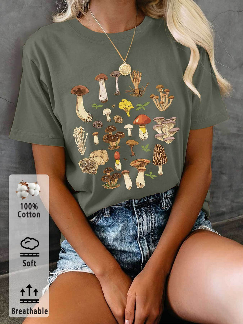 Women’s T-Shirt with Mushroom And Leaf Prints.
