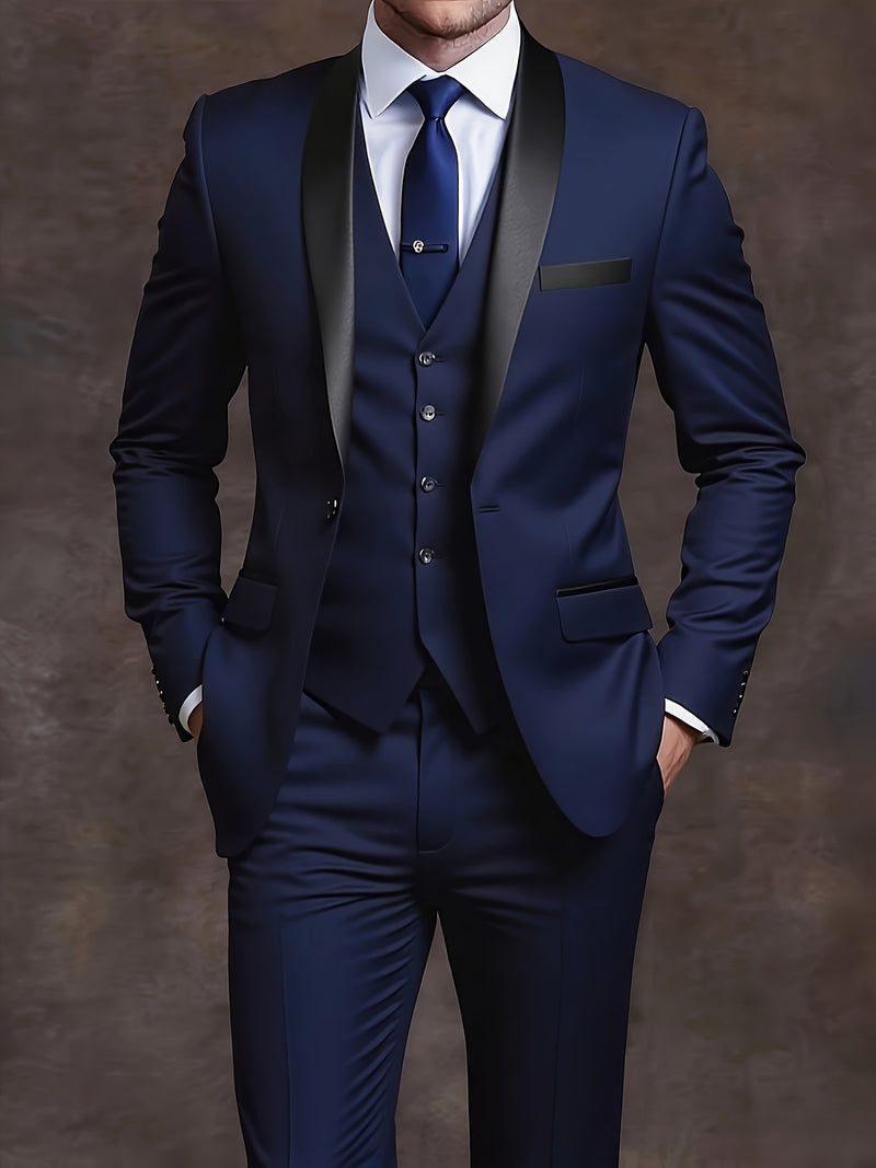 Men's 3pcs Suit with Notch Lapel, Business Formal Set, Includes Jacket.