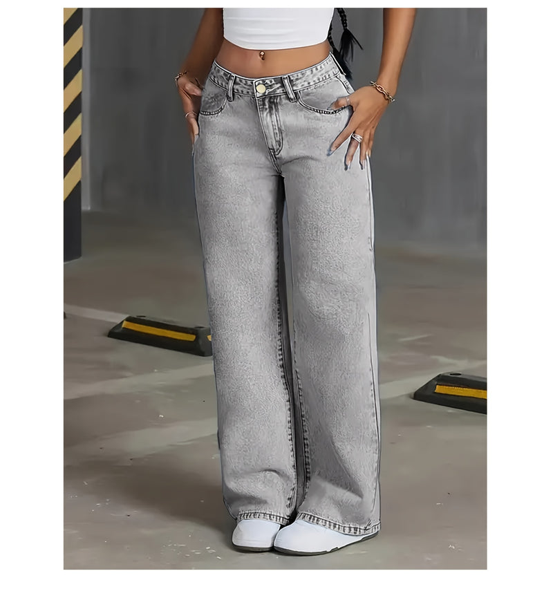 Women's New Stretch Straight Jeans, Wide-leg Jeans with Pockets.