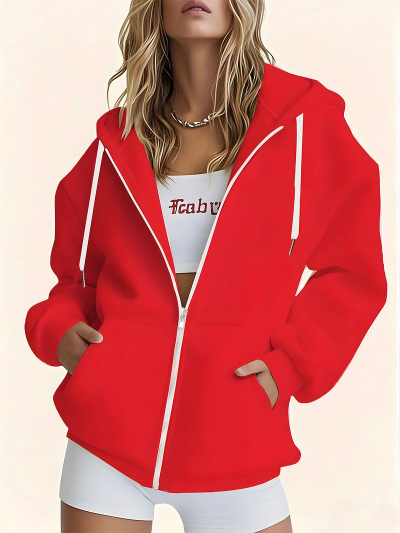 Women's Black Stylish Minimalist Zip-Up Hoodie.