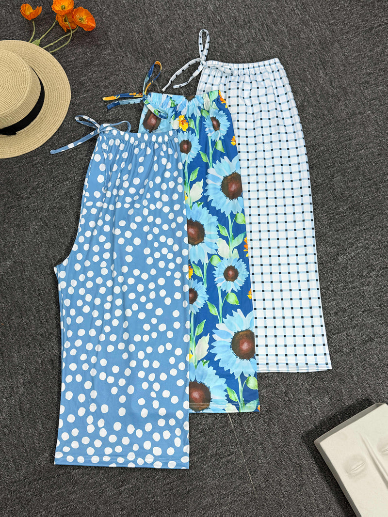 3pcs Women's Tropical Style 3/4 Shorts and Pants Set in Polka Dot.