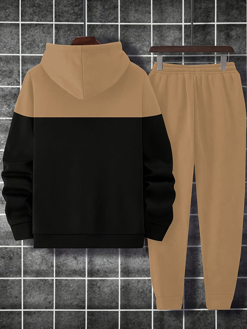 Men's Autumn And Winter Letter Print Spliced Drawstring Hoodie Sports.