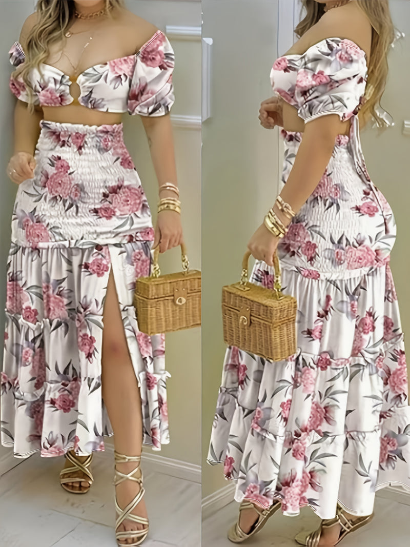Women's Off-Shoulder Vacation Skirt Sets, Floral Printed Fashionable Vacation.