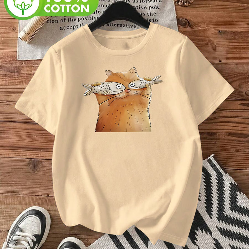 Women's Short-Sleeve T-Shirt with Cute Kitten & Cat Paw Print.