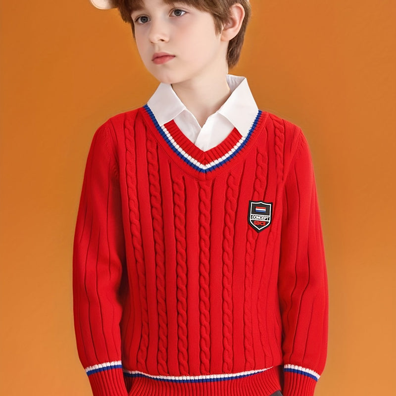 Boys' Red & Striped V-Neck Sweater.