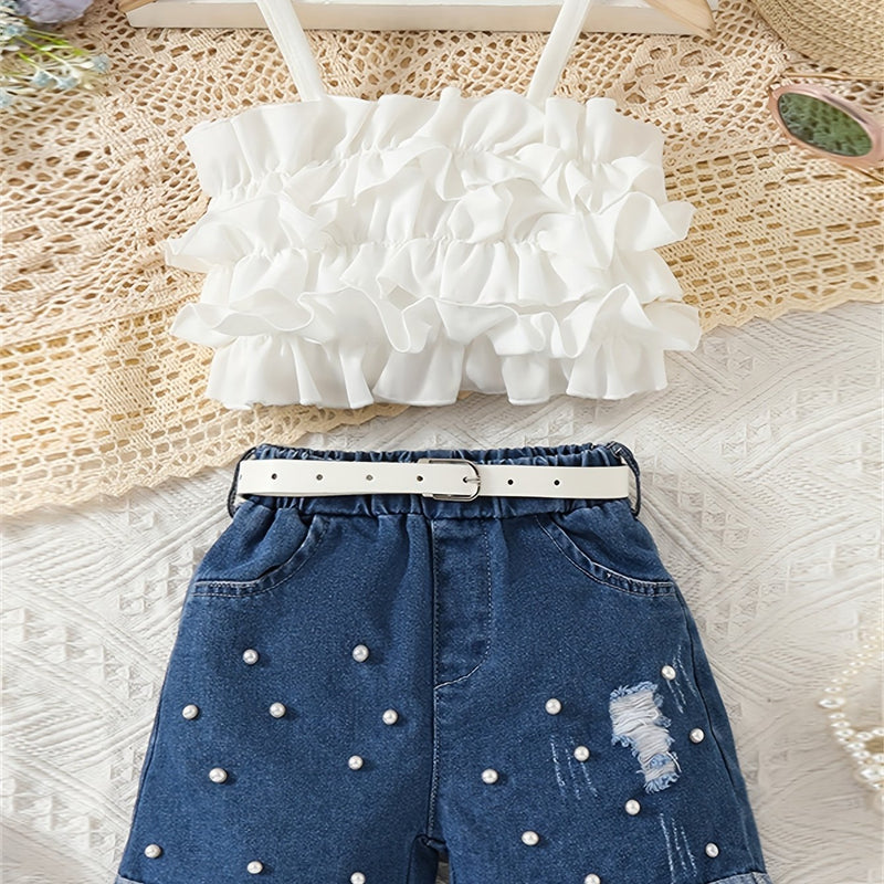 Girls' Lace-Trimmed Tank Top And Denim Shorts Two-Piece Set, for Outdoor.