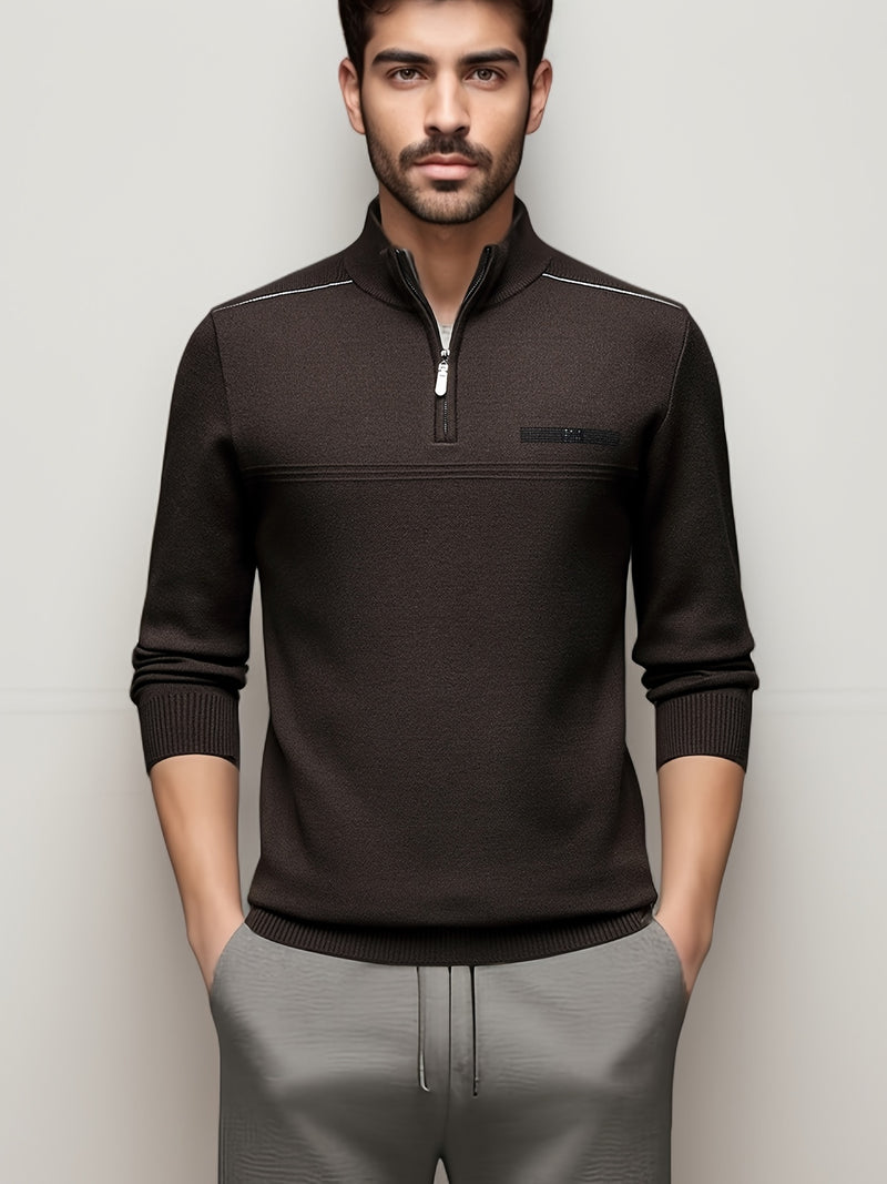 Men's Solid Color Simple Zip-Up High-Neck Long-Sleeve.