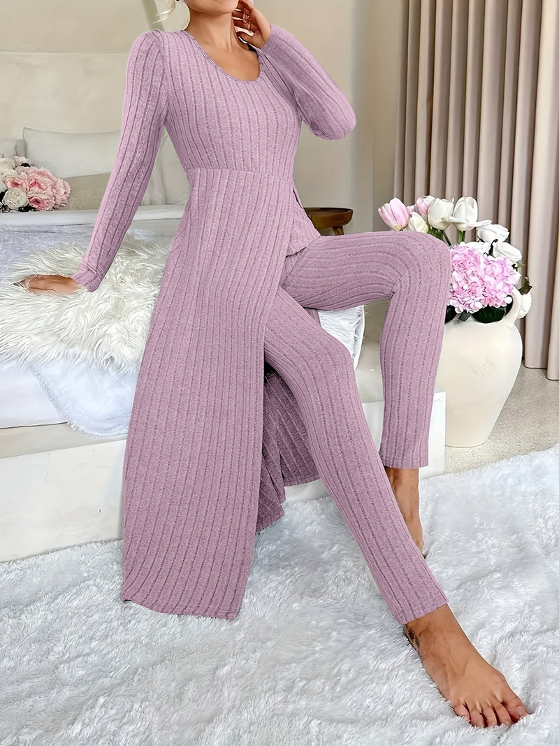 2pcs Women's Designer Round Neck Split Long Sleeve Top and Pants.
