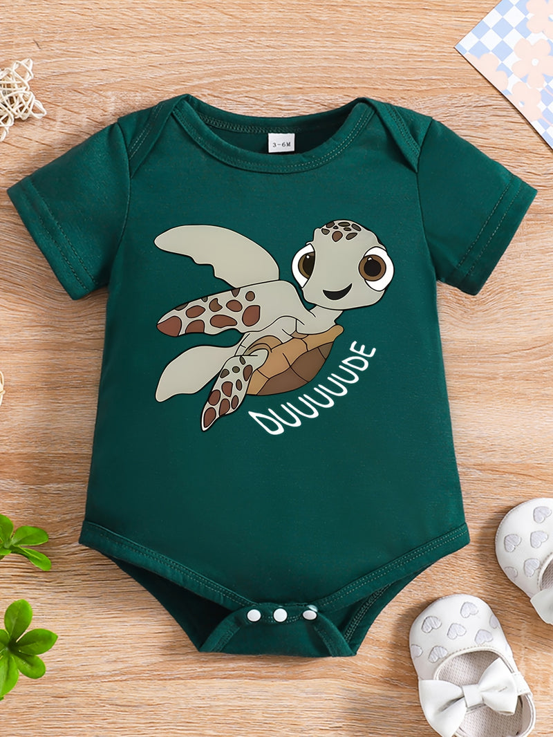 Baby Boy Summer Short-Sleeved Cartoon "Little Turtle" Print Romper, for Outdoor.