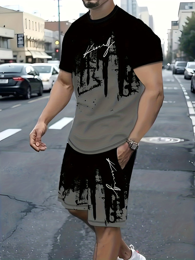 Men's New Round Neck Casual T-Shirt and Shorts Set.