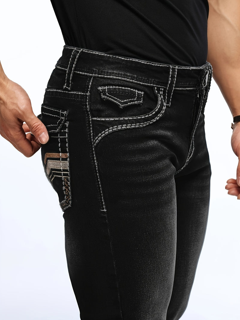 Men's Vintage-Inspired Slim Fit Embroidered Stretch Jeans.