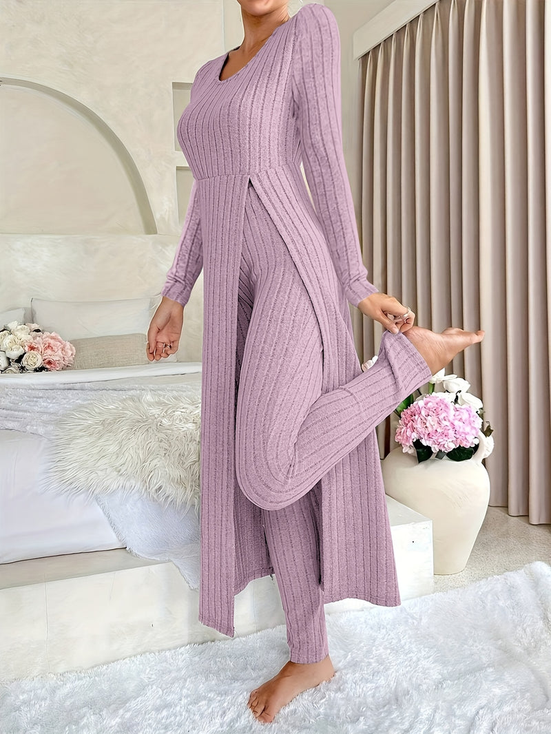 2pcs Women's Designer Round Neck Split Long Sleeve Top and Pants.