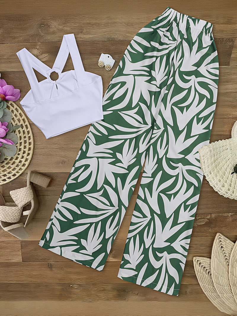 Women’s Elegant White Off-Shoulder Tank Top & Green & White Geometric Print Wide-Leg Pants.
