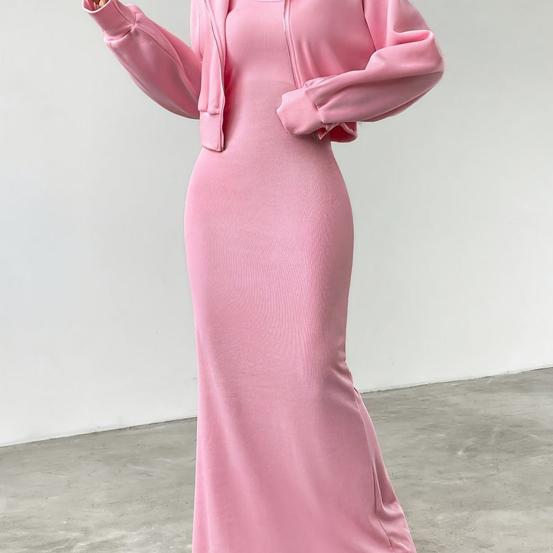 Women’s Elegant Solid Color Hoodie Jacket Paired with an Ultra-Long Dress.