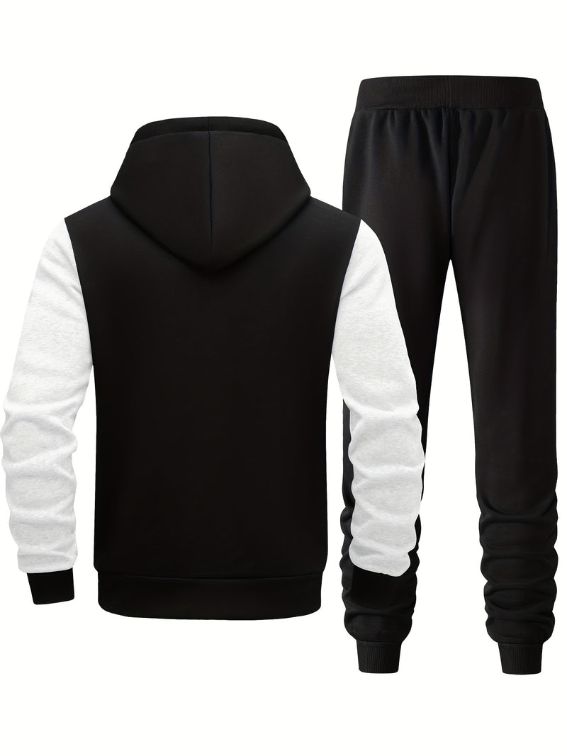 Men's Hooded Sweatshirt with Letter Print, Two-Piece Sports Running Outfit.