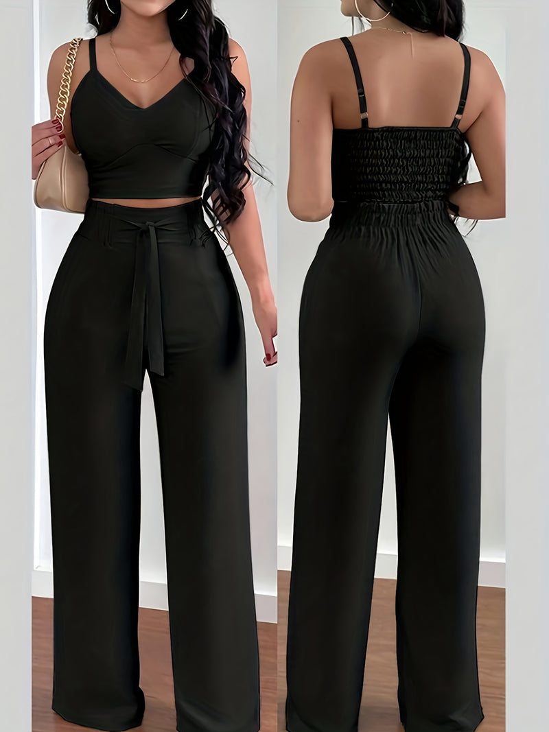 2-piece Women's Set with Thin Strap Stretch Camisole and Wide-leg Pants.