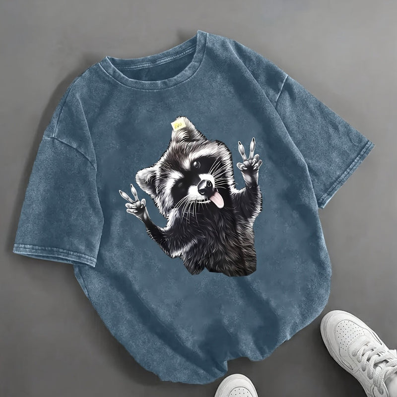 Women’s Vintage Raccoon Face Graphic T-Shirt.