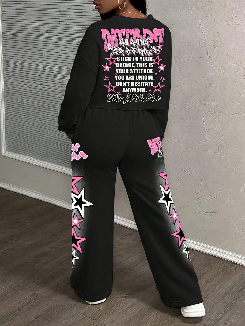 Fashion Women's Long-sleeve Sweatshirt and Pants Set with Star Print.