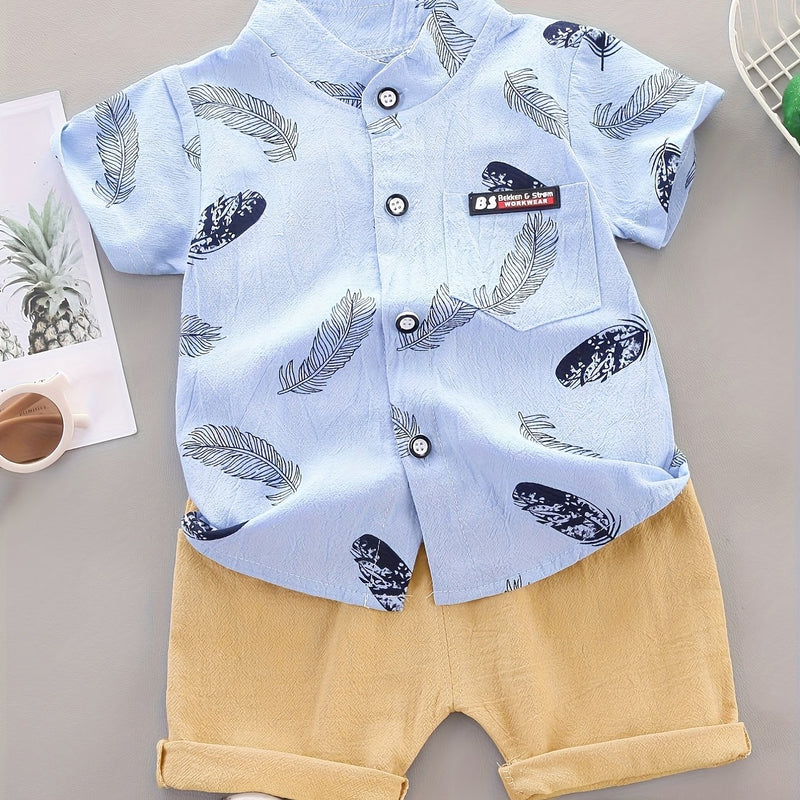 2pcs Boys' Casual Feather Shirt and Shorts Set Vibrant Yellow with Blue Accents.