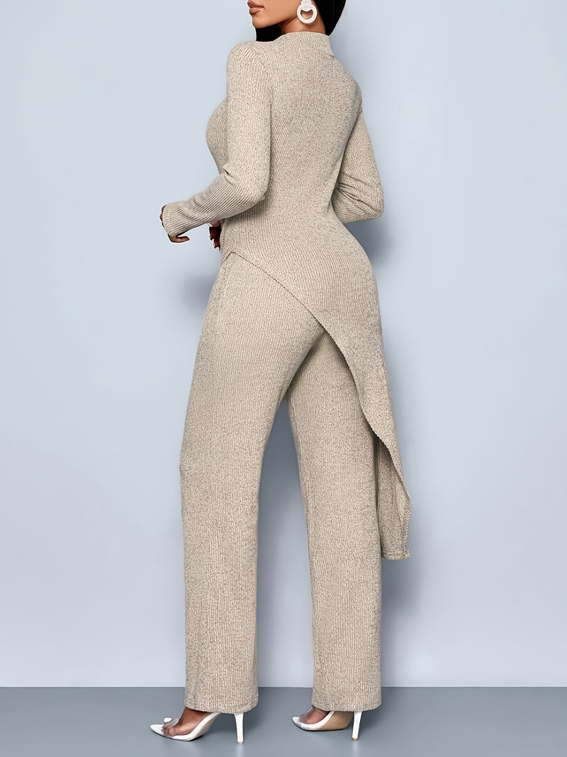 Women's Elegant Solid Color Fleece Ribbed Asymmetric Hem Top Paired with Flared Pants.