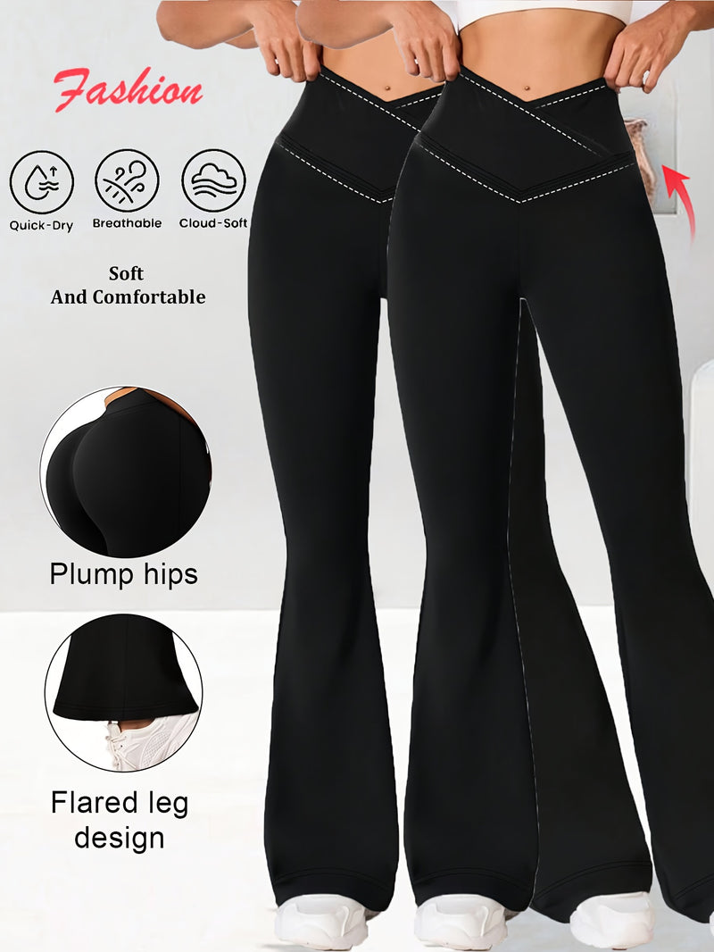 2pcs Women's High-Waisted Wide-Leg Bell-Bottom Tummy Control Pants.