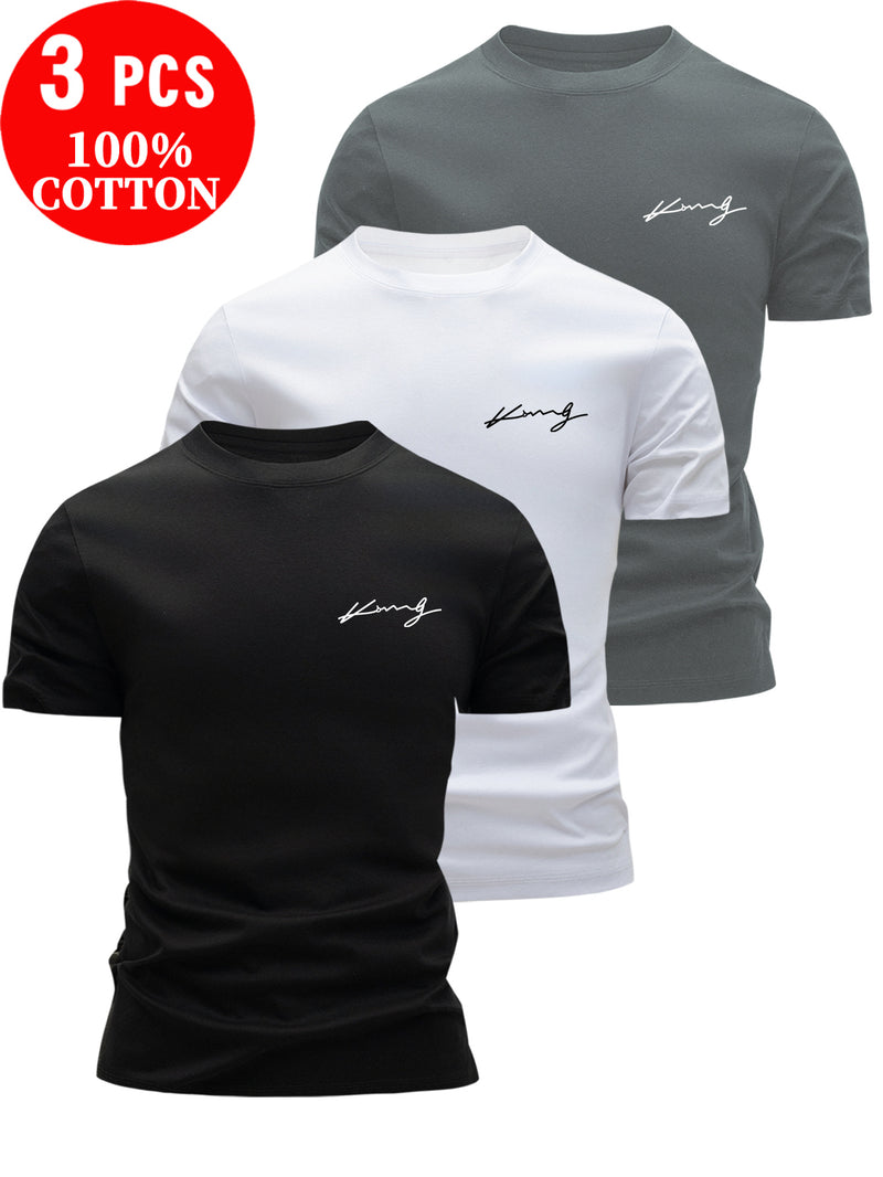 3pcs Cotton T-Shirts, Men's Crew Neck Short Sleeve Tees.