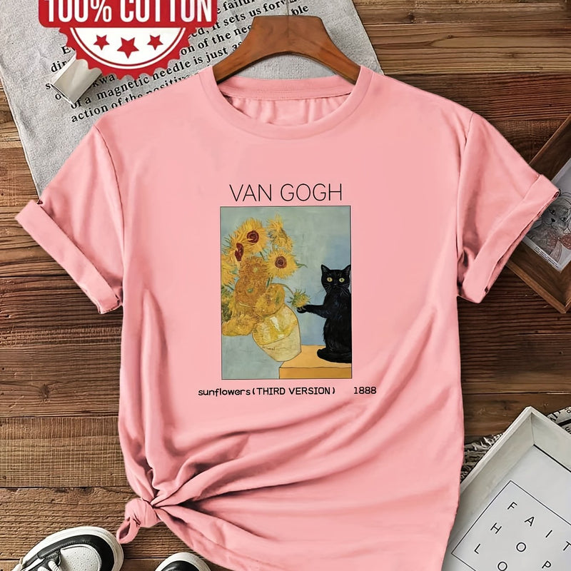 Women's Van Gogh Sunflowers & Black Cat Art Print T-Shirt.