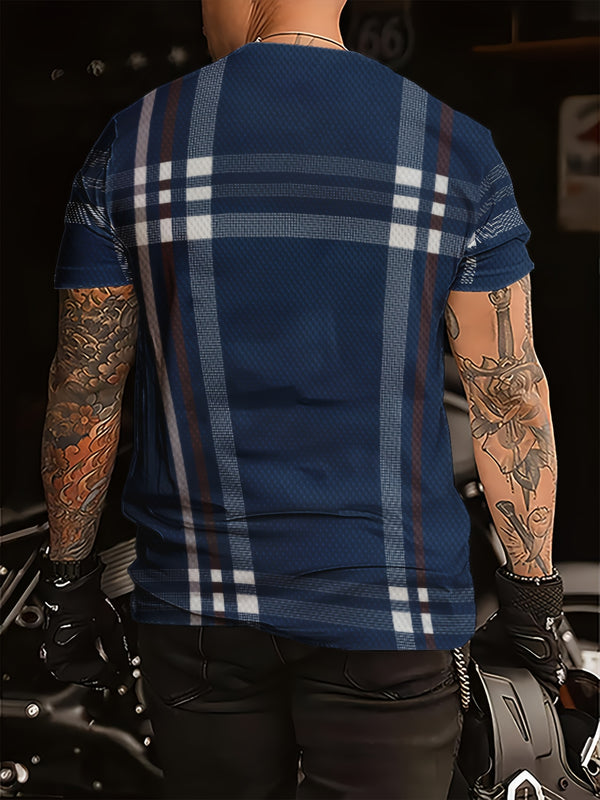 Men’s Navy Blue Plaid Fashion T-shirt.
