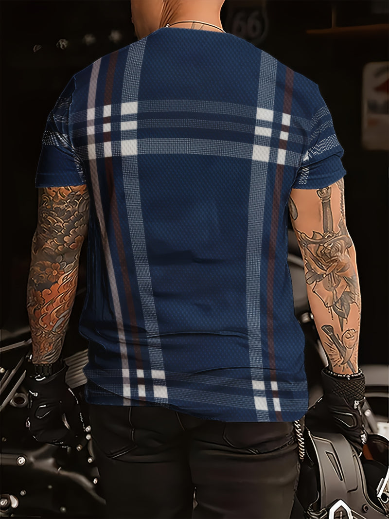 Men’s Navy Blue Plaid Fashion T-shirt.