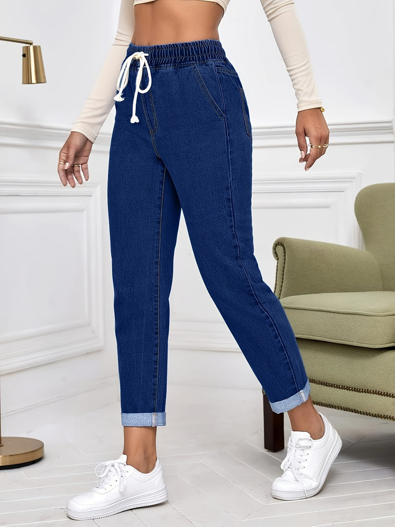 Women's Ankle-Length Pants with Rolled Cuffs, Stretchy Elastic Denim Jeans.