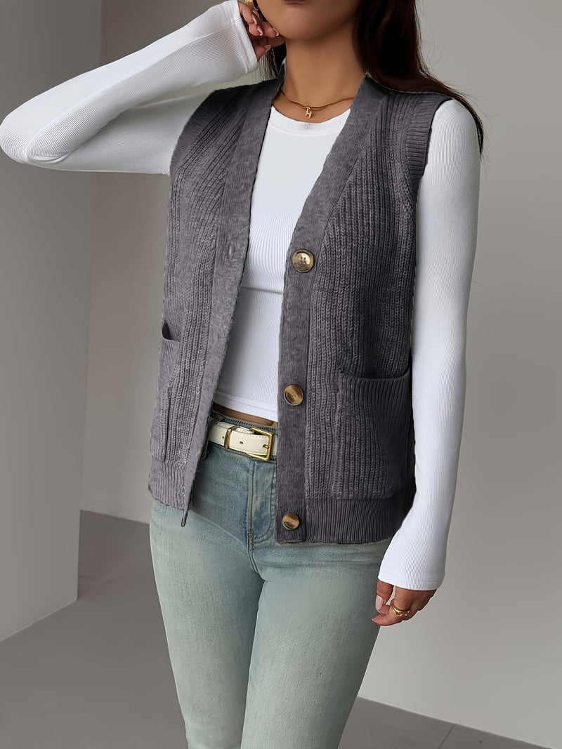 New Solid Color V-Neck Pocket Women's Sweater Vest.